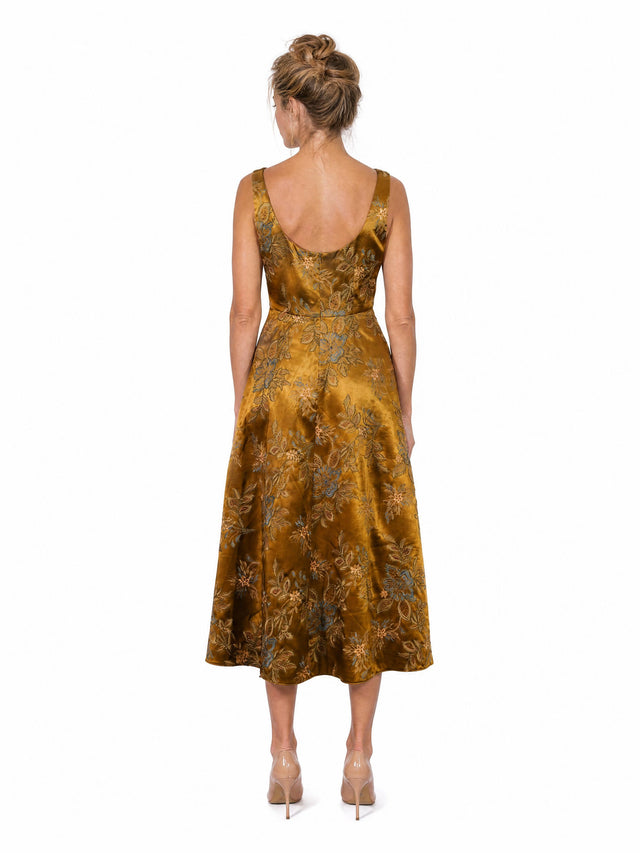 Mikael Aghal Women's Embroidered Velvet Sleeveless Midi Dress in Ochre Gold