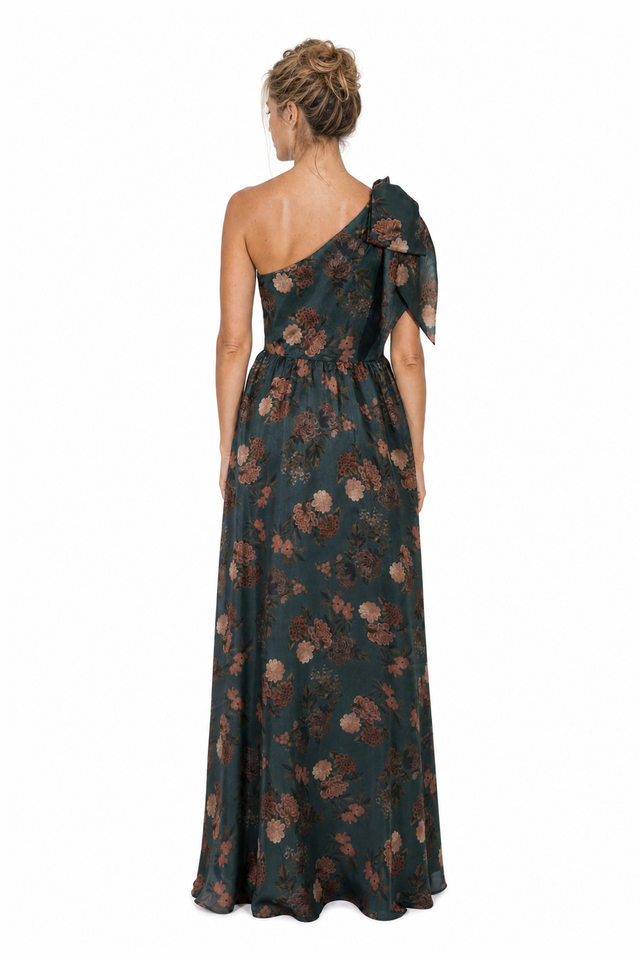 Mikael Aghal Women's One-Shoulder Bow Floral Jacquard Maxi Gown in Teal & Bronze