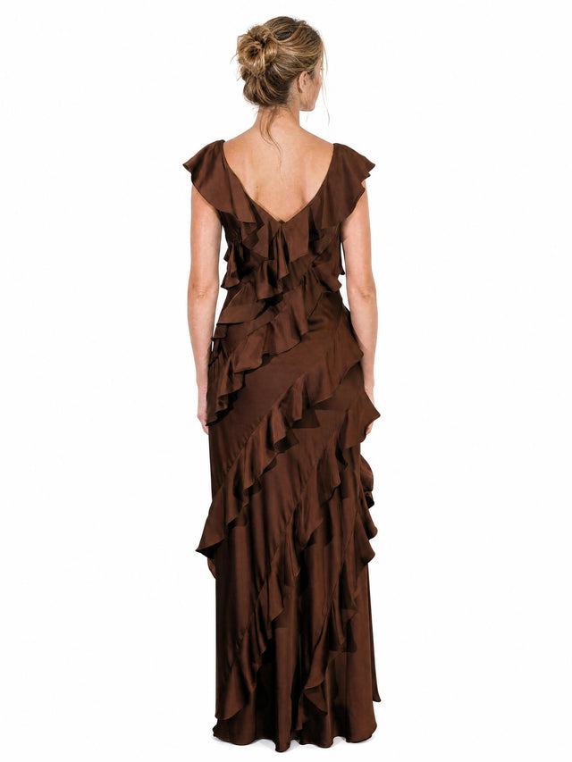 Mikael Aghal Women's Asymmetrical Cascade Ruffle V-Neck Maxi Gown in Chocolate Brown