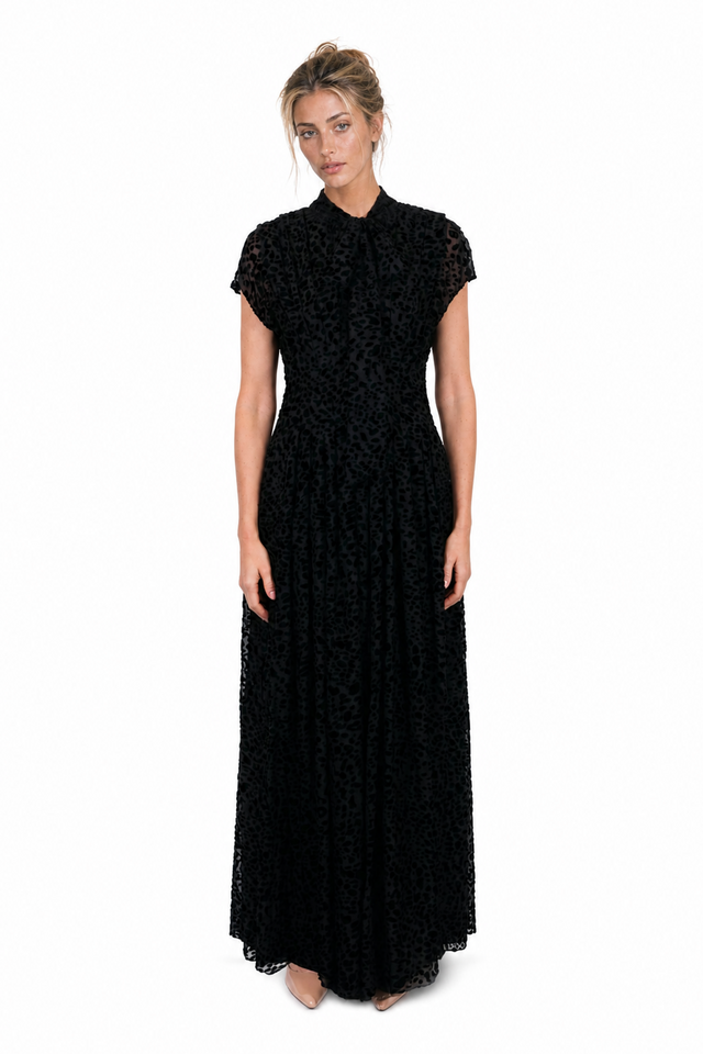 Mikael Aghal Women's Velvet Burnout Leopard Cap-Sleeve Tie-Neck Maxi Gown in Black