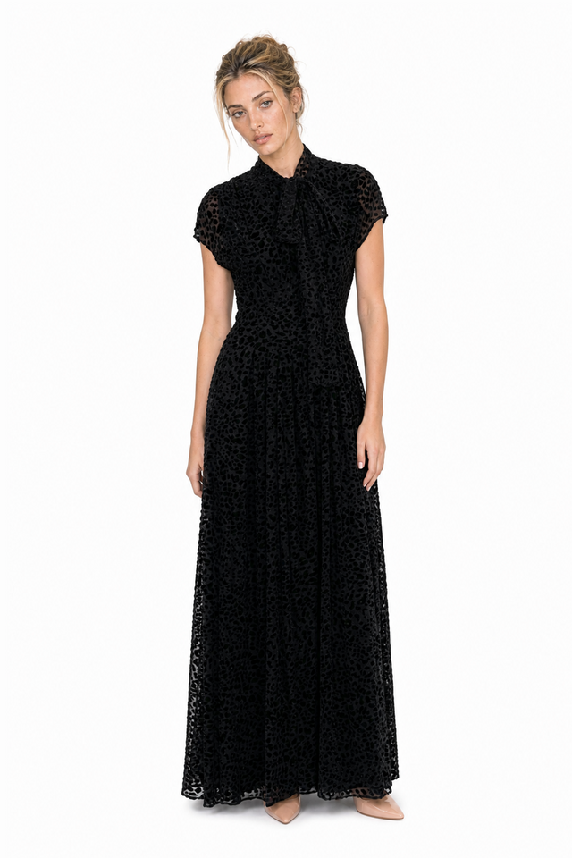 Mikael Aghal Women's Velvet Burnout Leopard Cap-Sleeve Tie-Neck Maxi Gown in Black