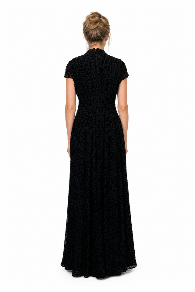 Mikael Aghal Women's Velvet Burnout Leopard Cap-Sleeve Tie-Neck Maxi Gown in Black