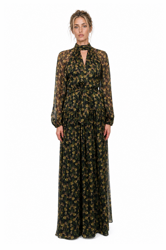 Mikael Aghal Women's High-Neck Keyhole Floral Chiffon Maxi Gown in Olive & Moss Green