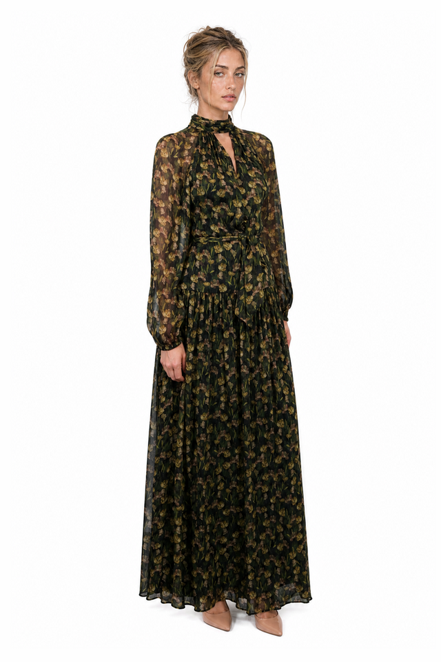 Mikael Aghal Women's High-Neck Keyhole Floral Chiffon Maxi Gown in Olive & Moss Green