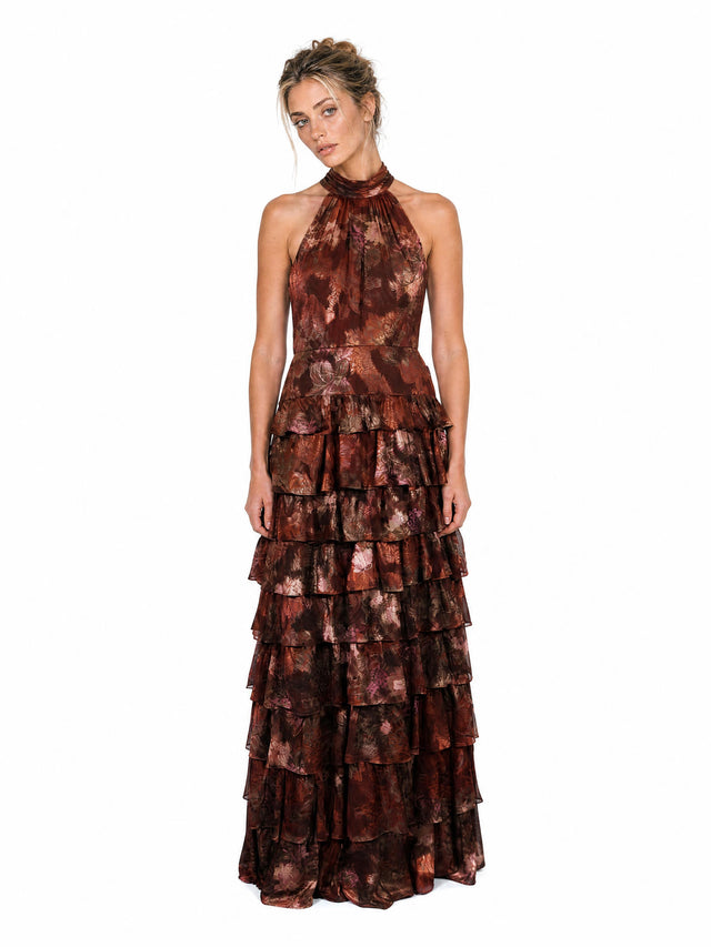 Mikael Aghal Women's Metallic Floral Jacquard Tiered Halter Maxi Gown in Metallic Bronze & Rust