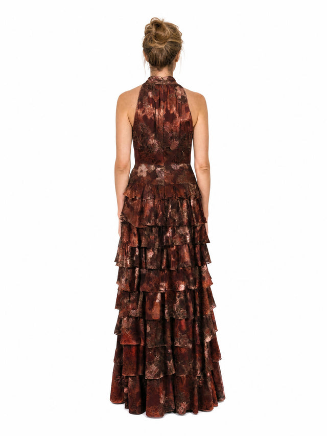 Mikael Aghal Women's Metallic Floral Jacquard Tiered Halter Maxi Gown in Metallic Bronze & Rust