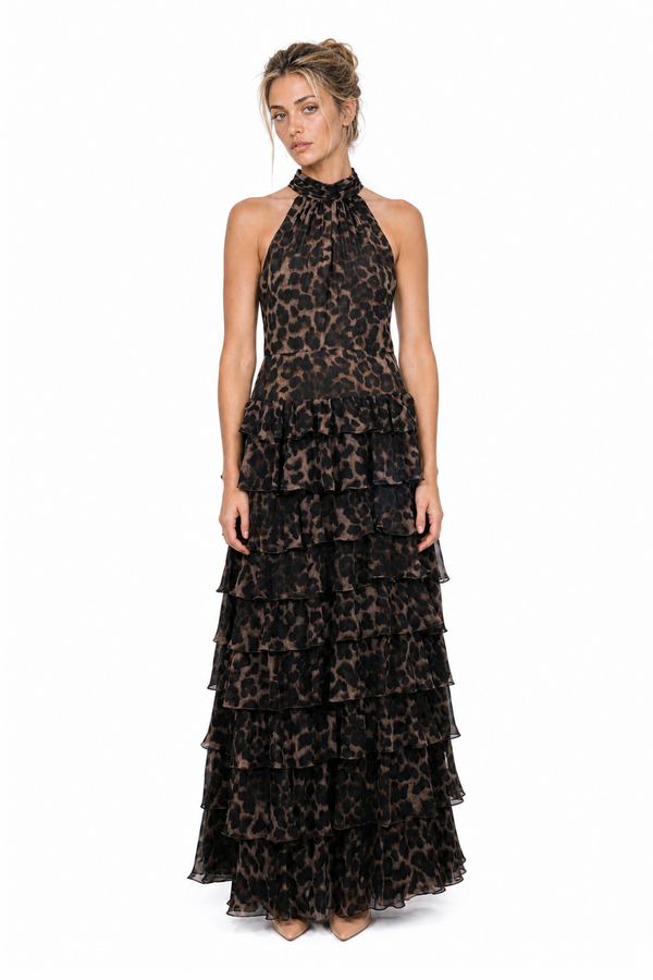 Mikael Aghal espresso and mocha leopard print chiffon tiered maxi gown