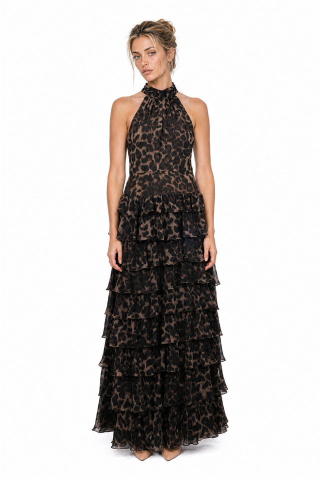 Mikael Aghal Women's Leopard Print Chiffon High-Neck Tiered Maxi Gown in Espresso & Mocha