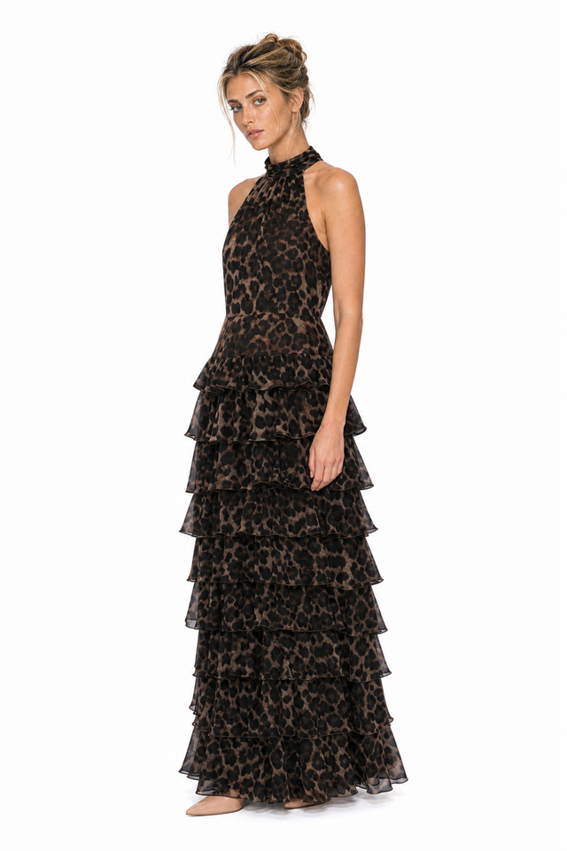 Mikael Aghal Women's Leopard Print Chiffon High-Neck Tiered Maxi Gown in Espresso & Mocha