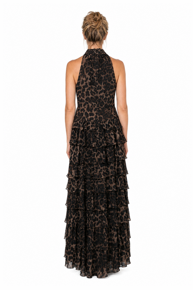 Mikael Aghal Women's Leopard Print Chiffon High-Neck Tiered Maxi Gown in Espresso & Mocha