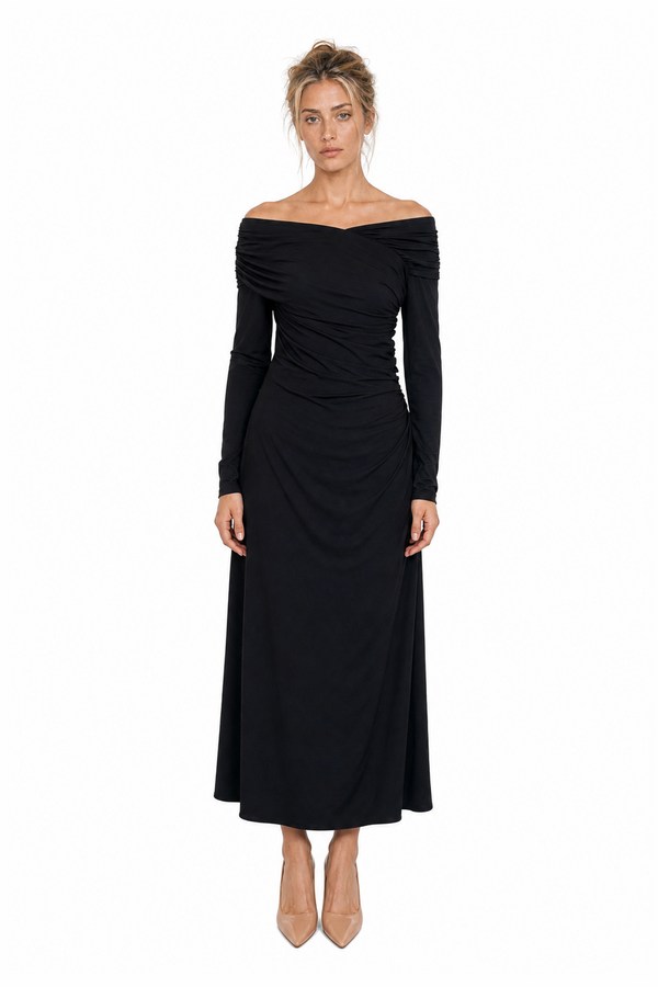 Mikael Aghal black ruched off-the-shoulder jersey maxi gown