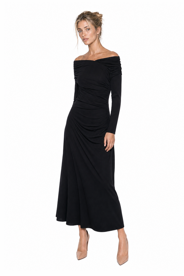 Mikael Aghal Women's Ruched Off-the-Shoulder Long-Sleeve Jersey Maxi Gown in Black