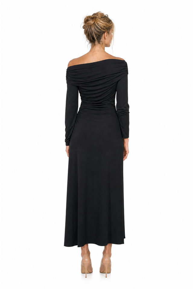 Mikael Aghal Women's Ruched Off-the-Shoulder Long-Sleeve Jersey Maxi Gown in Black