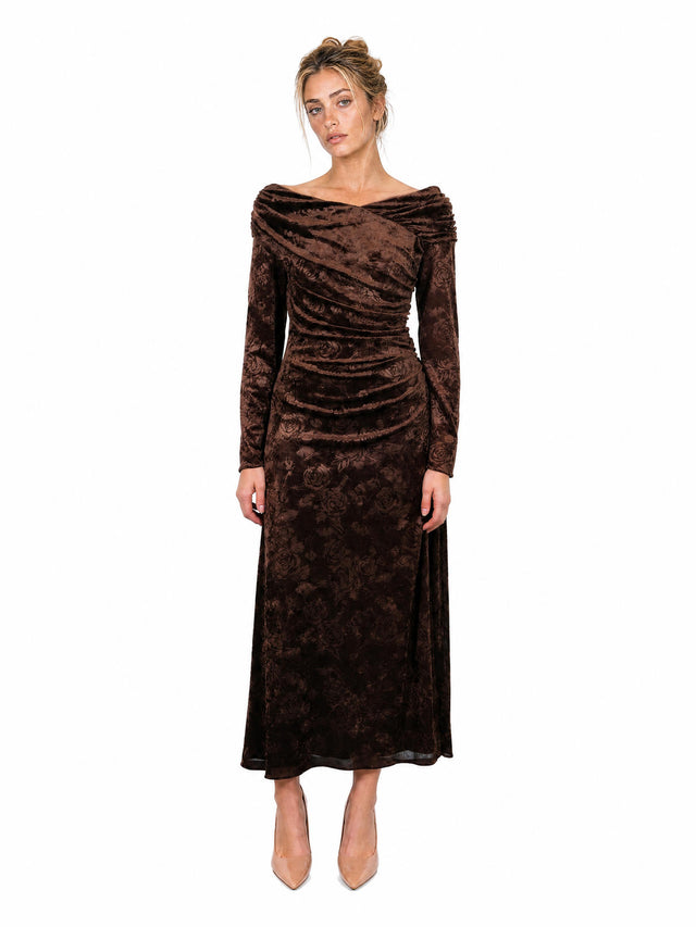 Mikael Aghal Women's Floral Burnout Velvet Ruched Off-the-Shoulder Maxi Dress in Espresso Brown
