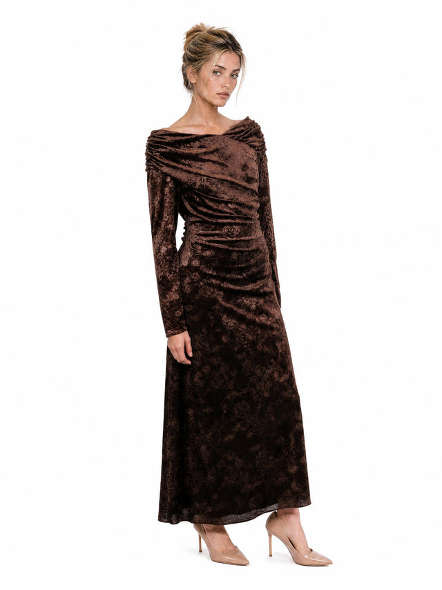 Mikael Aghal Women's Floral Burnout Velvet Ruched Off-the-Shoulder Maxi Dress in Espresso Brown