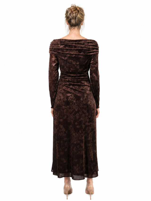 Mikael Aghal Women's Floral Burnout Velvet Ruched Off-the-Shoulder Maxi Dress in Espresso Brown