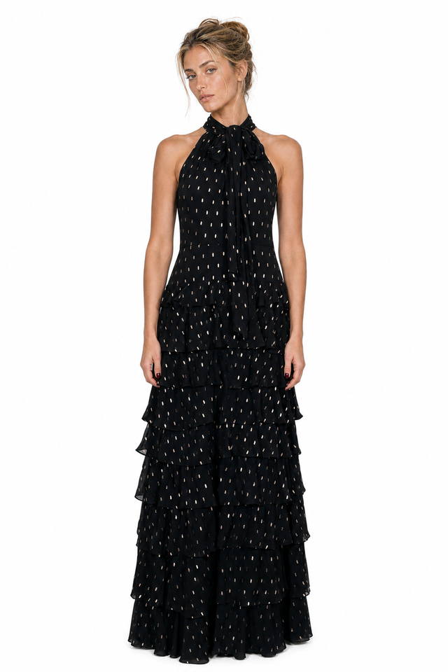 Mikael Aghal Women's Metallic Fil Coupé Halter Neck Tiered Maxi Gown in Black & Gold