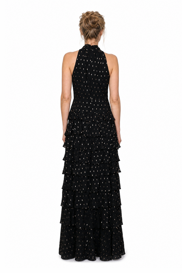 Mikael Aghal Women's Metallic Fil Coupé Halter Neck Tiered Maxi Gown in Black & Gold