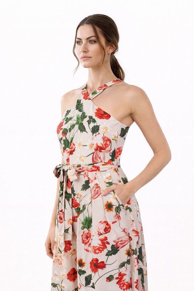 Mikael Aghal Ivory Floral Cross-Neck Sleeveless Jumpsuit with Tie Waist