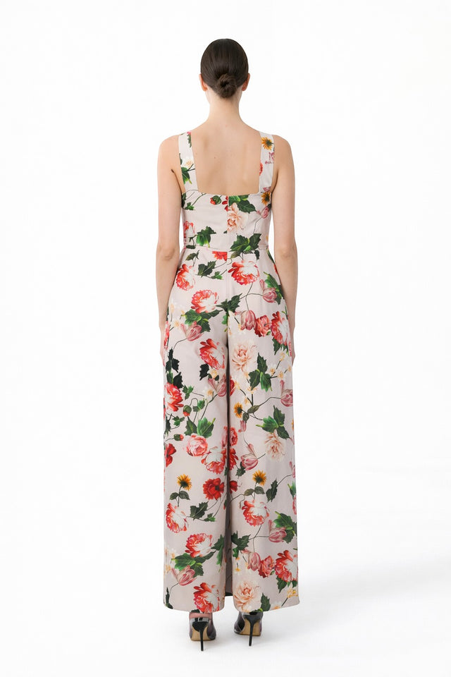 Mikael Aghal Ivory Floral Cross-Neck Sleeveless Jumpsuit with Tie Waist