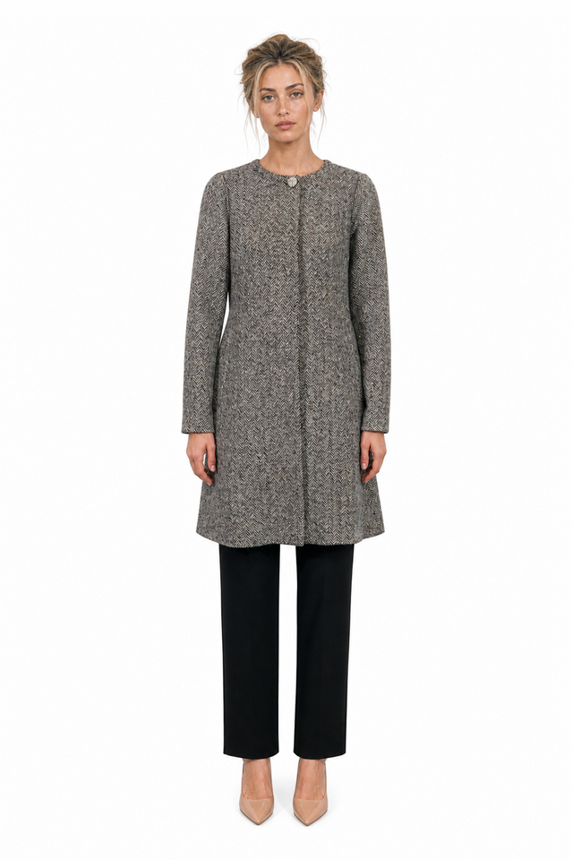 Mikael Aghal Women's Herringbone Wool-Blend Jewel-Button Coat in Grey & Black