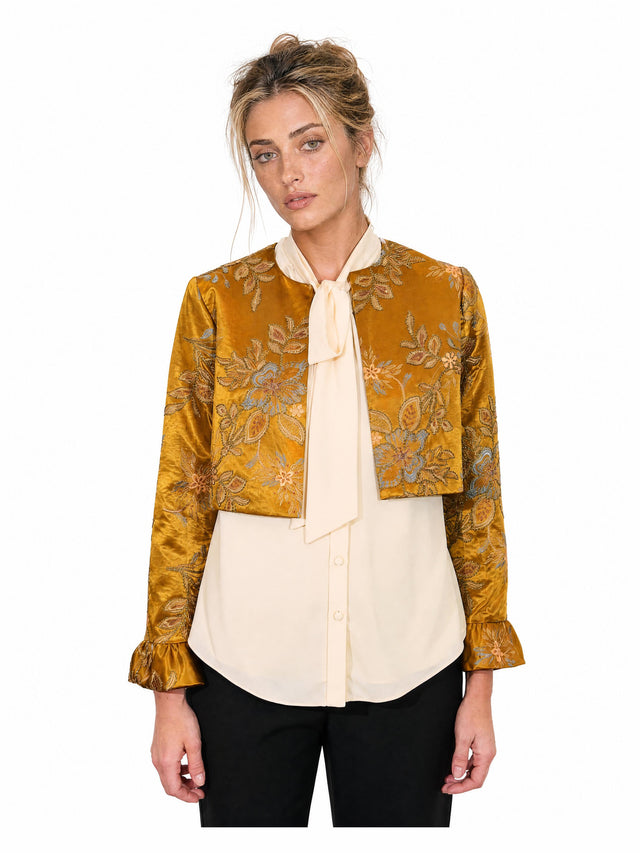 Mikael Aghal Women's Embroidered Velvet Cropped Bolero Jacket in Ochre Gold