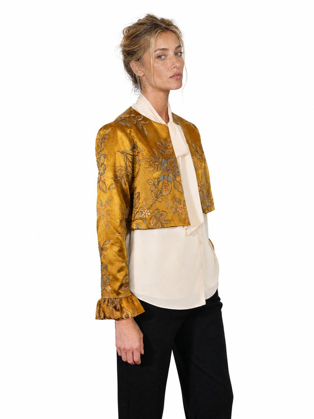 Mikael Aghal Women's Embroidered Velvet Cropped Bolero Jacket in Ochre Gold