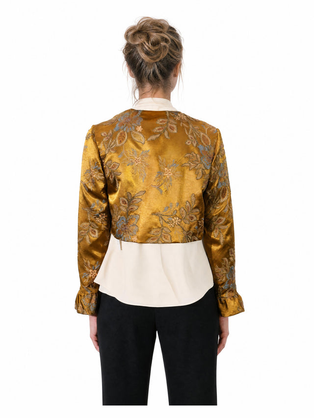 Mikael Aghal Women's Embroidered Velvet Cropped Bolero Jacket in Ochre Gold
