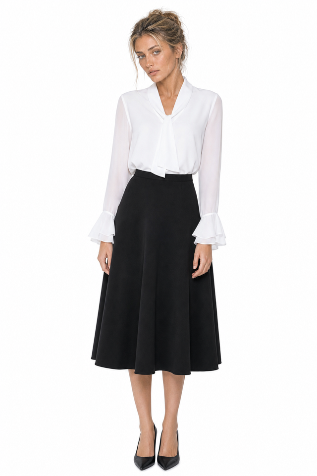 Mikael Aghal Women's High-Waisted A-Line Crepe Midi Skirt in Black