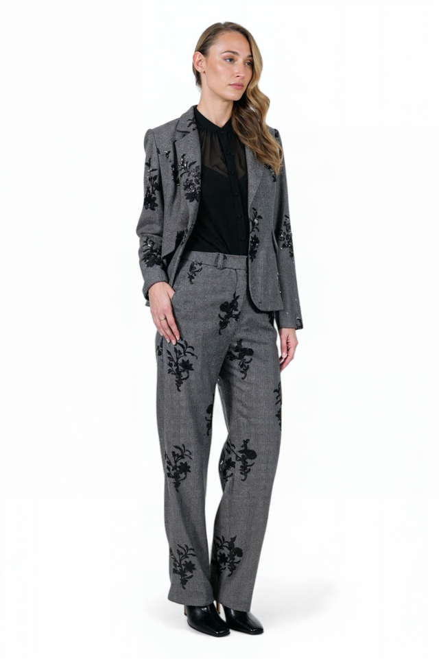 Mikael Aghal Grey Embellished Tailored Blazer and Pant Set
