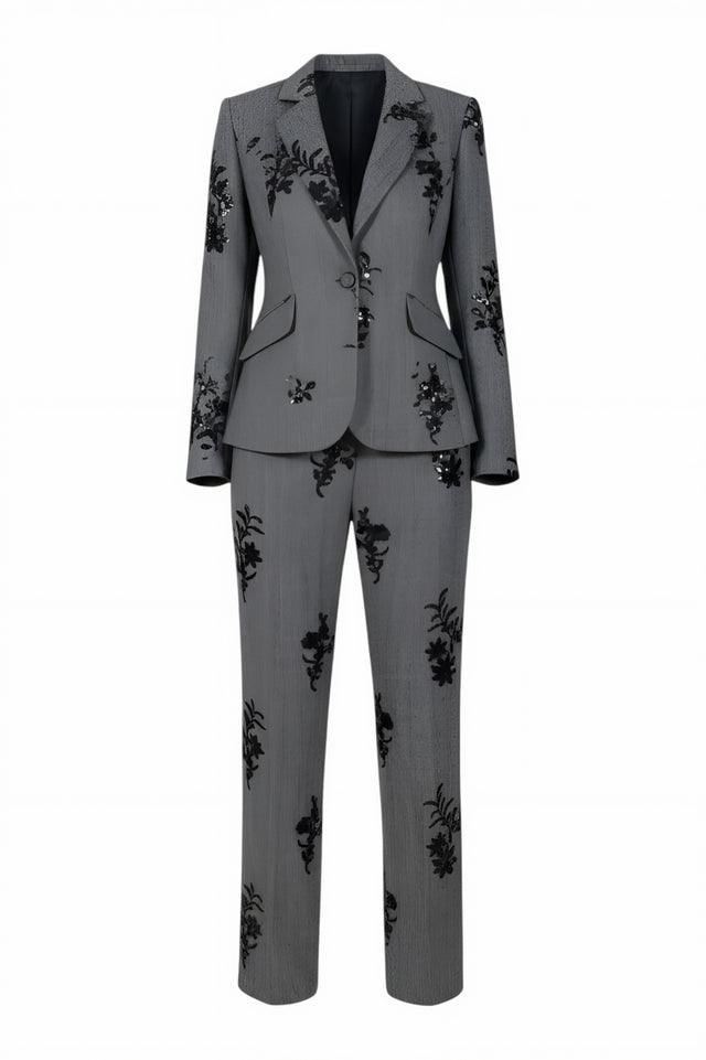Mikael Aghal Grey Embellished Tailored Blazer and Pant Set