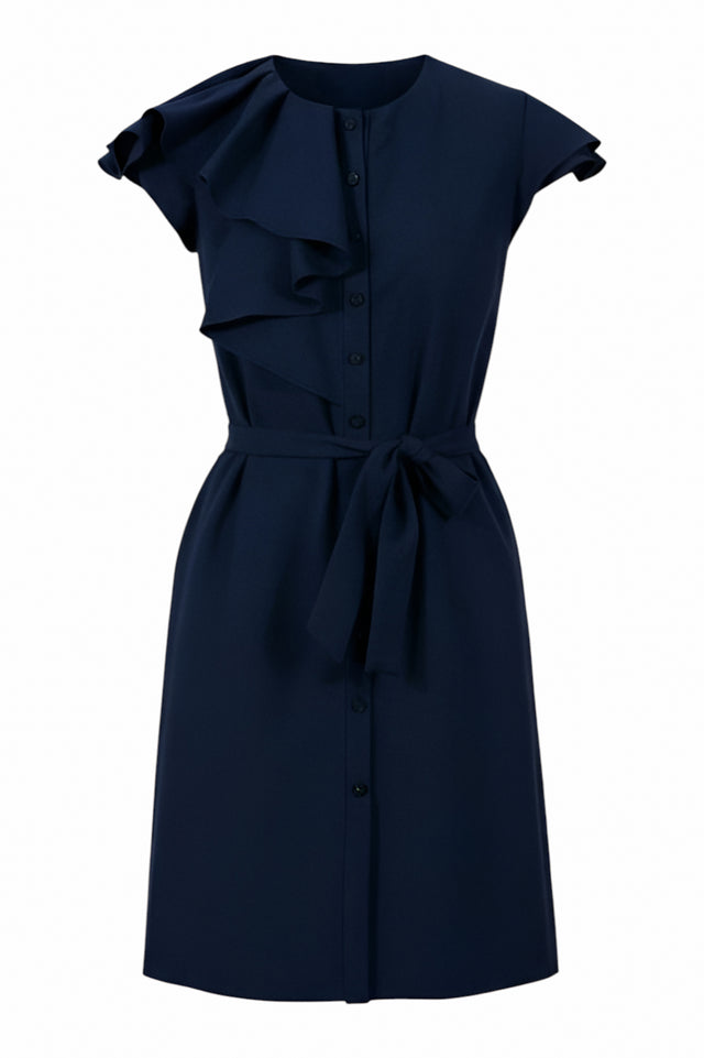 Mikael Aghal Navy Ruffle Detail Belted Shirt Dress