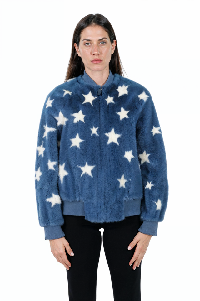 Valentino Blue Stars Mink Fur Bomber Jacket