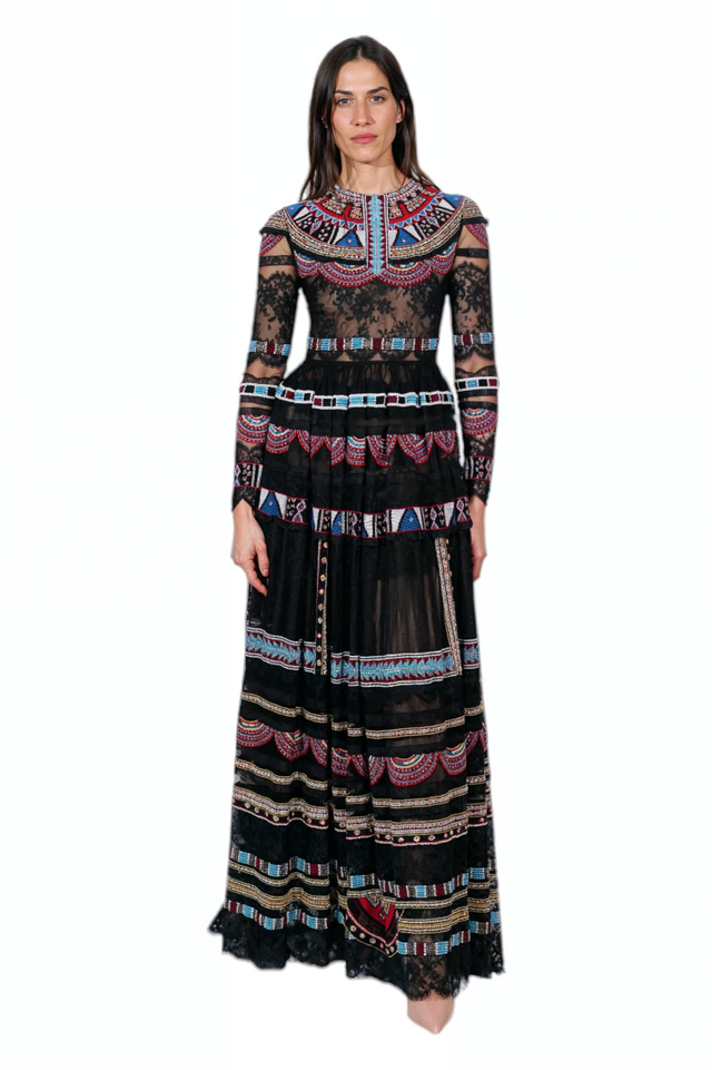 Valentino Embroidered Lace Gown in Black Multicolor