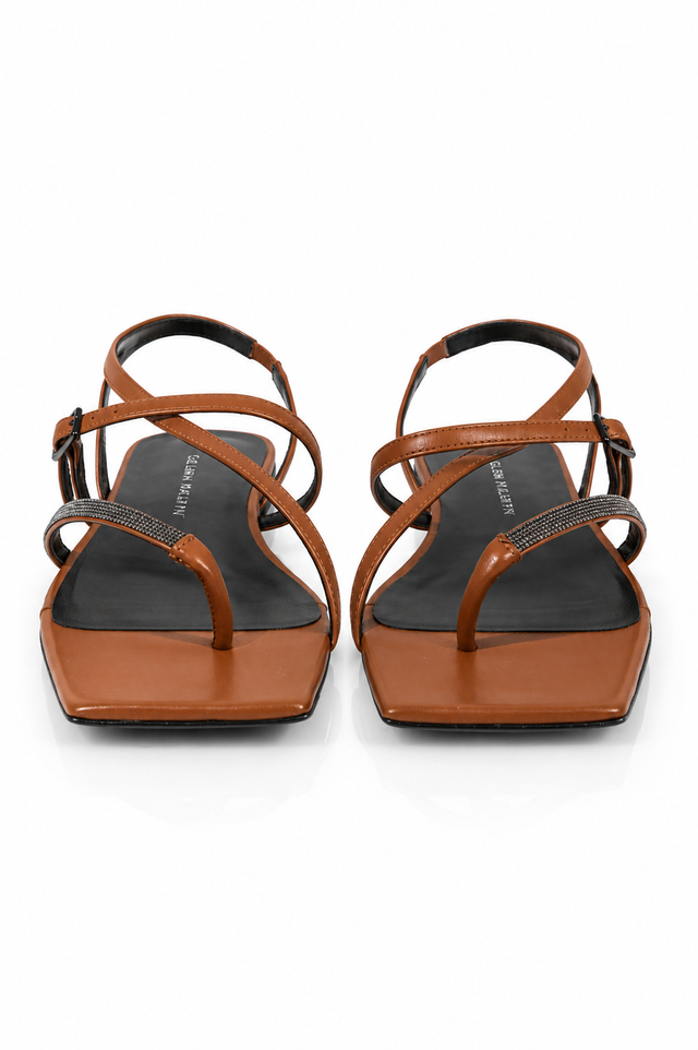 Fabiana Filippi Crystal-Embellished Leather Flat Sandals Cognac