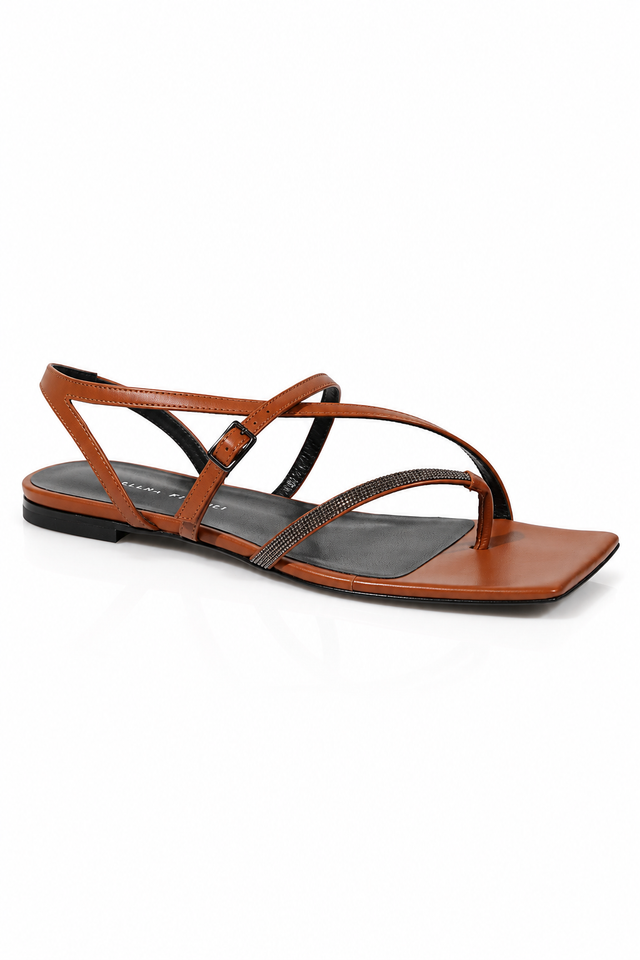 Fabiana Filippi Crystal-Embellished Leather Flat Sandals Cognac