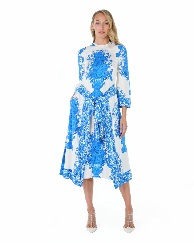 Valentino Floral Print Feather Trim Dress