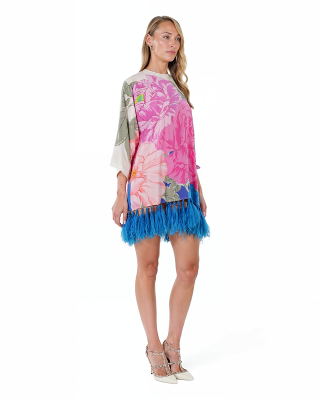 Valentino Multicolor Floral Feather Trim Mini Dress