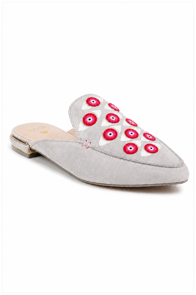 Stuart Weitzman “Gigi” Suede Mules with love Eye Embellishment
