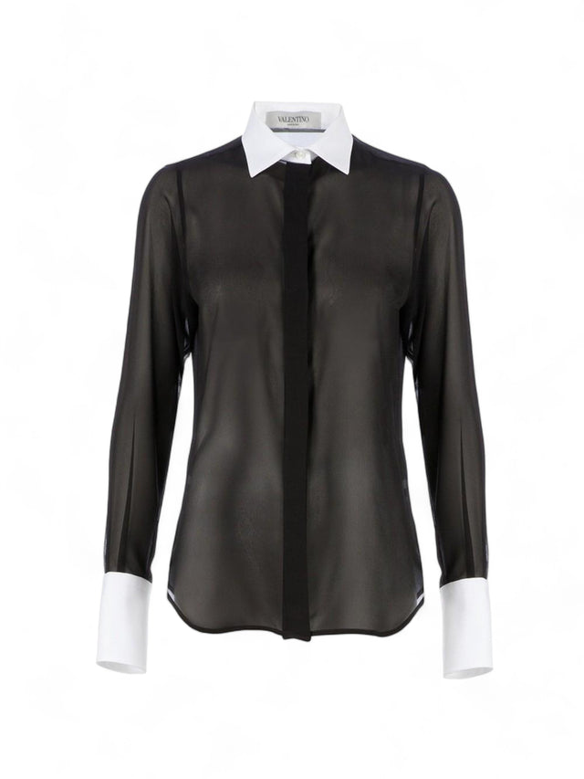 Valentino Garavani Women's Sheer Black Blouse with White Collar and Cuffs