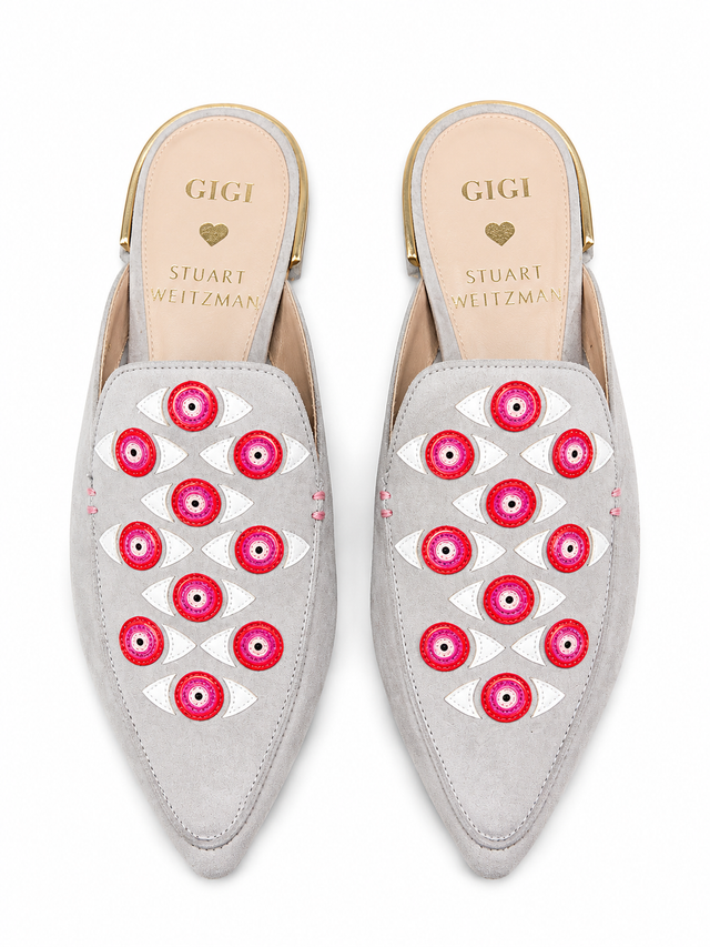 Stuart Weitzman “Gigi” Suede Mules with love Eye Embellishment