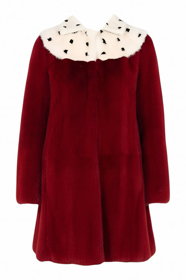 Valentino burgundy fur coat with white spotted collar