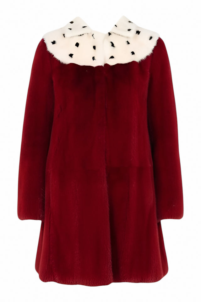 Valentino Burgundy Fur Coat with White Spotted Collar