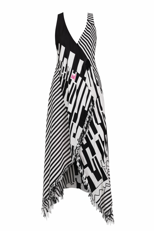 Etro Asymmetrical Printed Maxi Dress with Fringe Trim in Black & White