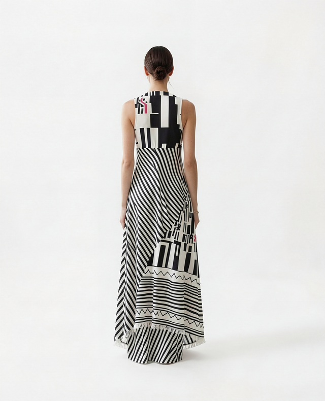 Etro Asymmetrical Printed Maxi Dress with Fringe Trim in Black & White