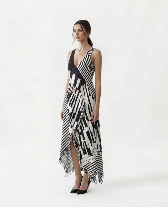 Etro Asymmetrical Printed Maxi Dress with Fringe Trim in Black & White
