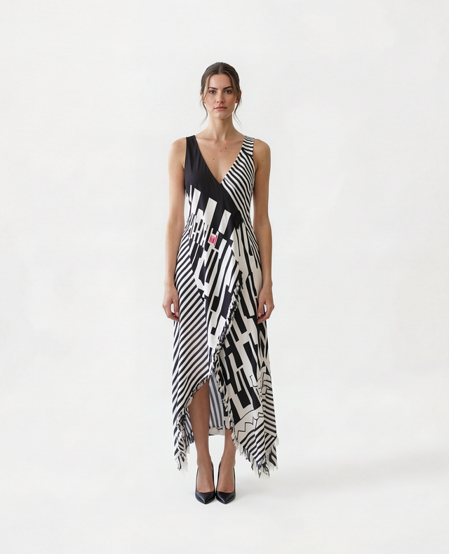 Etro Asymmetrical Printed Maxi Dress with Fringe Trim in Black & White