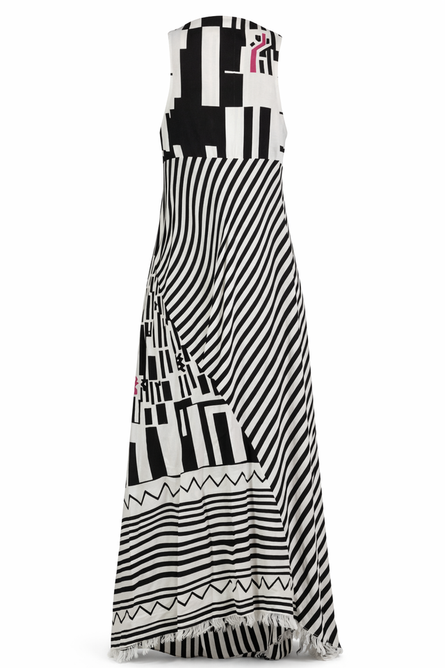Etro Asymmetrical Printed Maxi Dress with Fringe Trim in Black & White
