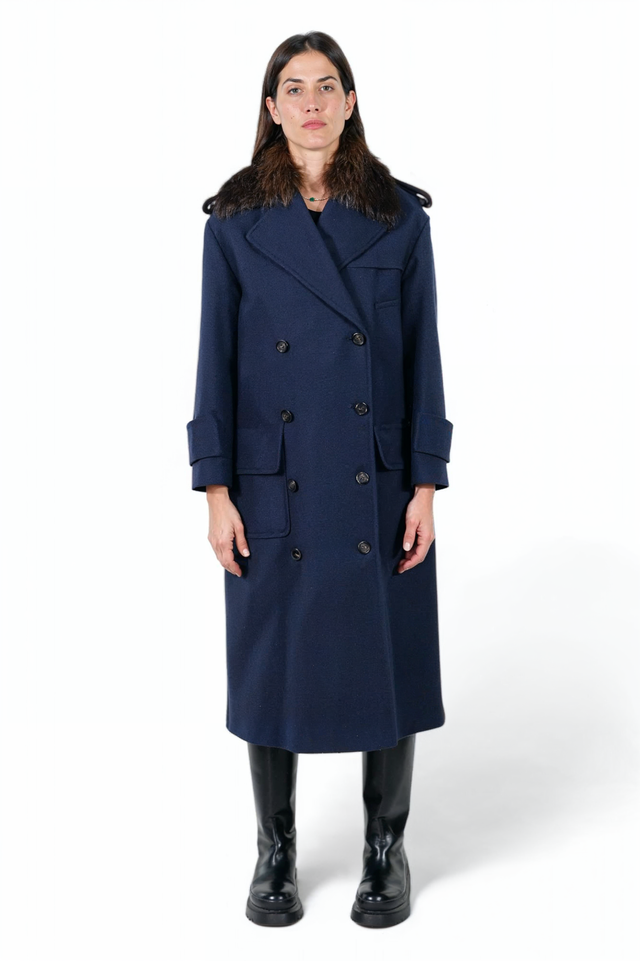 Navy Double-Breasted Wool Coat with Fur Collar