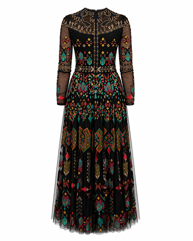 Valentino Embroidered Tulle Gown with Multicolor Motif in Black